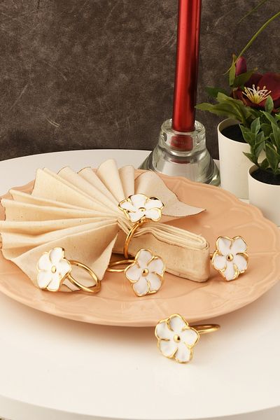 TR Turan Collection FLOWER 6 τεμαχίων χρυσό πολυτελές δαχτυλίδι χαρτοπετσέτας, λευκό μεμβράνη δαχτυλίδι χαρτοπετσέτας