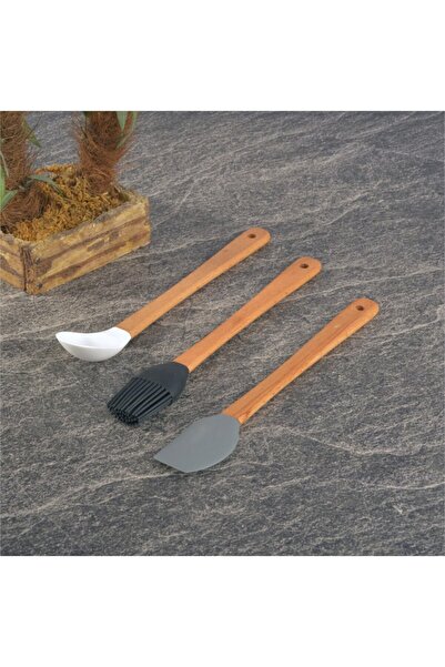 LUCKYHOMES Practical Silicone Mini Set - Egg Brush, Spatula, Spoon Bamboo Set 3 Pieces