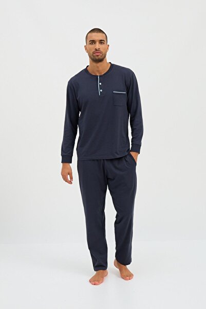 Katia&Bony Sötétkék férfi pizsama szett - gombos és hosszú ujjú