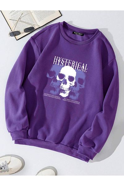 SOFTWAY Unisex Oversize Hystarigal Τυπωμένο Basic Φούτερ – Μωβ