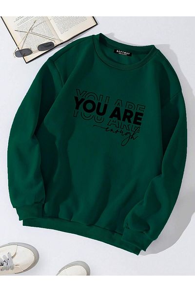 SOFTWAY Φούτερ Unisex Oversize Crew Neck - You Are Printed, ΣΚΟΥΡΟ ΠΡΑΣΙΝΟ