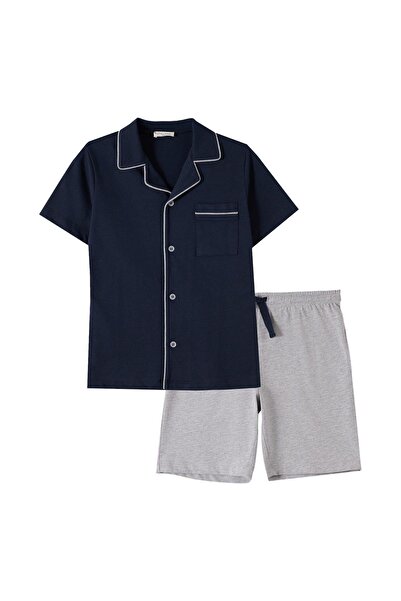 Katia&Bony Men's Navy Blue Colored Buttoned Shorts Pajama Set
