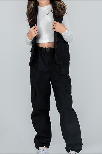 Kyron Girls' Black Pocket Cargo Pants – Comfortable Elastic Waist, Fashionable and Sports Style