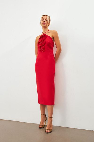 Setre Red Rose Detailed Rope Strap Midi Dress