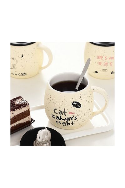 HUN Coffee Color Ceramic Cup - Cute and Cat with Lid, Small Gift, Office Milk Cup