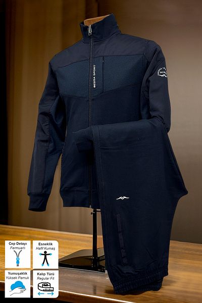 BESSA Ανδρικό σετ εποχιακής φόρμας Navy Blue Βαμβακερό ύφασμα με 2 κλωστές με τσέπες με φερμουάρ Αθλητικό κοστούμι