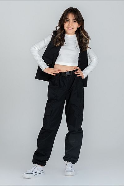Kyron Girls' Black Pocket Cargo Pants – Comfortable Elastic Waist, Fashionable and Sports Style
