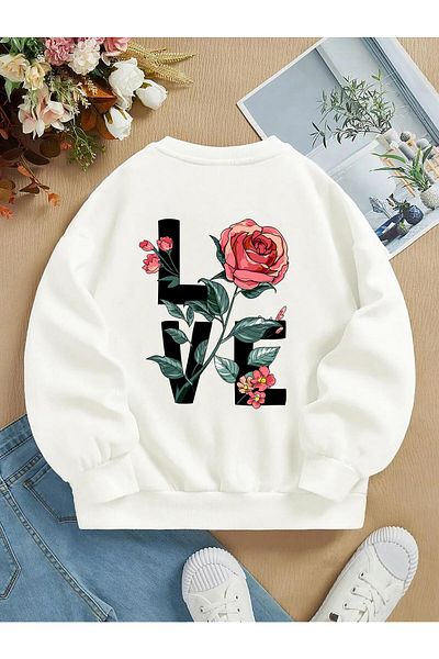 SOFTWAY Унисекс суитшърт с кръгло деколте и щампа Rose Love Oversize EKRU