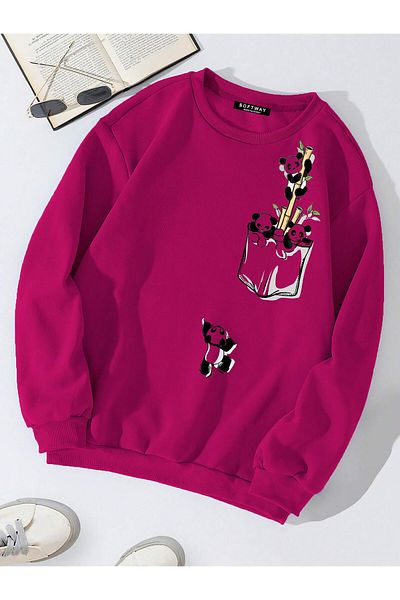 SOFTWAY Φούξια Unisex Oversize Crew Neck Climbing Panda εμπριμέ φούτερ