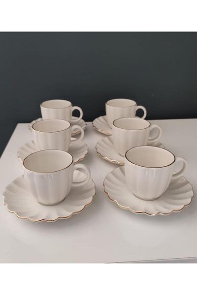 Kütahya Porselen 12 Piece Coffee Cup Set - Kütahya Porcelain, Bone Luz Form Gold Net