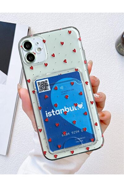 3GEN CASE Iphone 11 compatible card holder tiny hearts patterned transparent silicone case