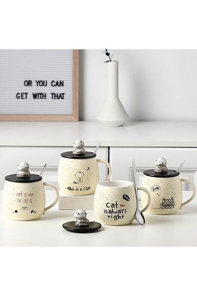 HUN Coffee Color Ceramic Cup - Cute and Cat with Lid, Small Gift, Office Milk Cup