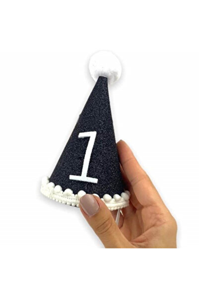 Partifabrik Mini pălărie cu pompon negru argintiu (1 an) - Accesoriu pentru ziua de naștere
