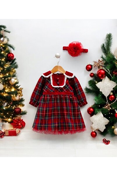 LİTTLE ANGELS Kız Bebek Yılbaşı Ekoseli Elbise ve Toka