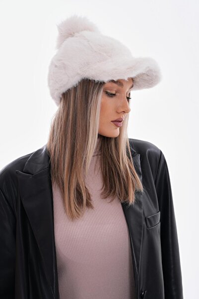MARBERRY Ecru Plush Cap Hat with Pompom