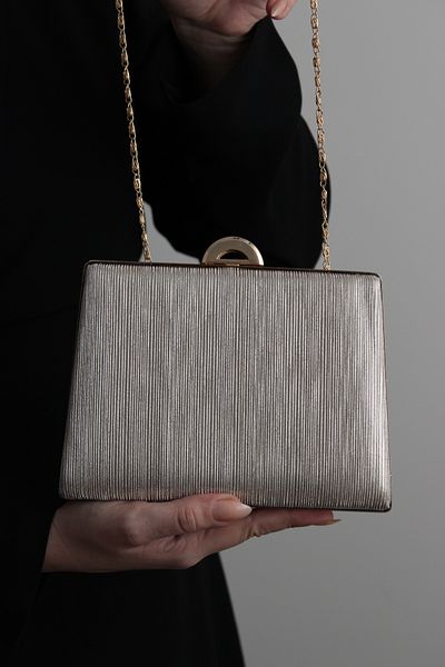 Mimoza Gold-Colored Double-Way Lurex Women's Evening Dress Bag with Hand and Chain Strap and Playful Handle (Not Ship)