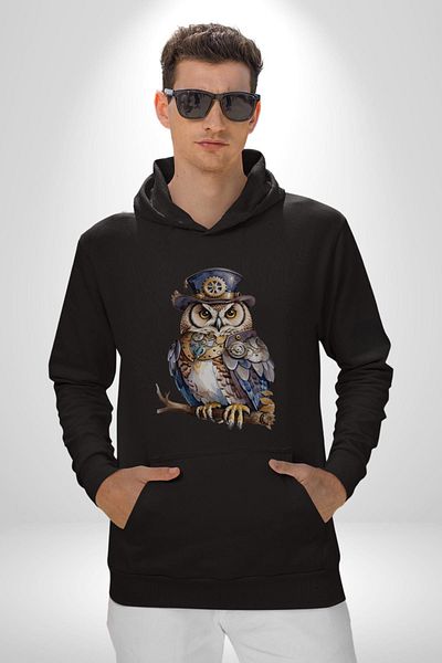 Angemiel American Owl in Hat Burjuva Owl Women Men Black Hooded Sweatshirt Hoodie