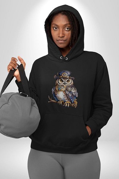 Angemiel American Owl in Hat Burjuva Owl Women Men Black Hooded Sweatshirt Hoodie