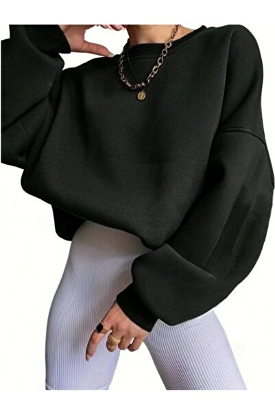 MOONBULL Siyah Unisex Oversize Bisiklet Yaka Sweatshirt