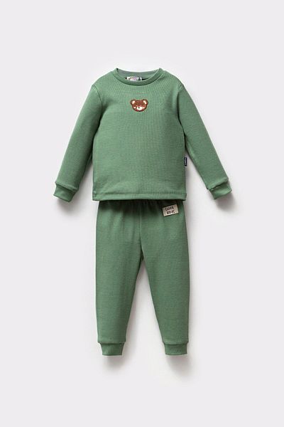 Magu Boy's Teddy Bear Patterned Cotton T-Shirt Tracksuit Pajamas Bottom-Top Set
