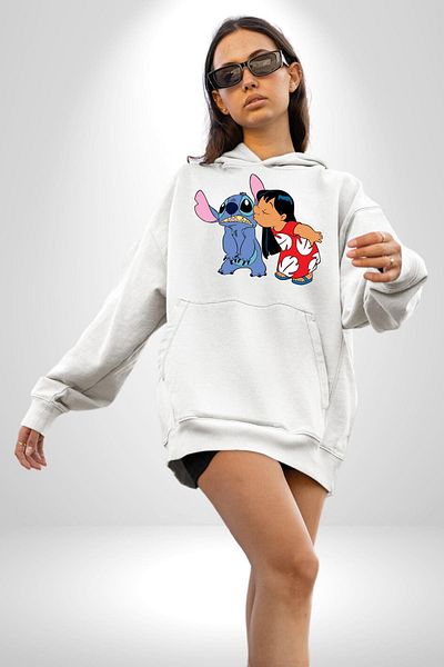 Angemiel Φούτερ με λευκή κουκούλα με μοτίβο Lilo And Stitch - Hoodie για γυναίκες και άνδρες