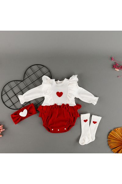 bebegci Heart Embroidered Bow Baby Kids 3-Piece Girls Set