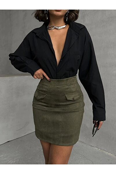 Ecenin Favorileri Fusta mini kaki 100% piele intoarsa