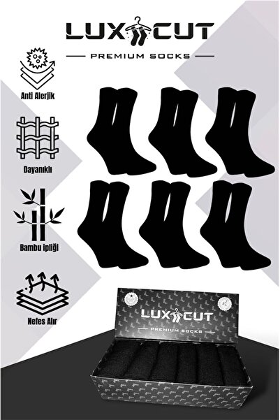 LUXCUT Exclusıve Serıes Bambu Erkek Soket Uzun Düz Dikişsiz Kutulu 6 Çift Siy...