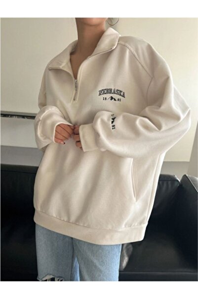 MOONBULL Nebraska Printed Unisex Oversize Sweatshirt - Stand Collar, Half Zipper