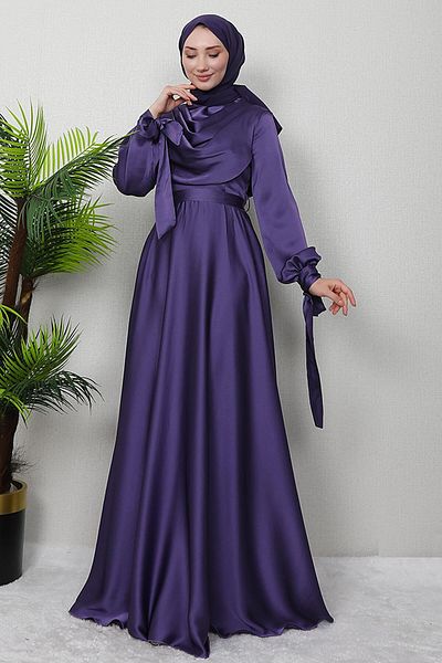 GİZ AGİYİM Light Purple Degaje Evening Dress - Sleeve Tied