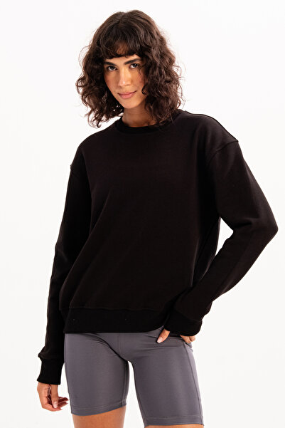 JUSTEVER Women's Black Crew Neck Sweatshirt - Aura Basic Fit Tracksuit Top