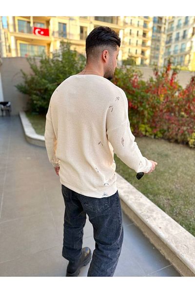 elkumoda Πουλόβερ Φυσικό πλεκτό βαμβακερό λαιμόκοψη που δεν σκίζει λεπτομέρεια Πλεκτό πουλόβερ με κοπή με λέιζερ