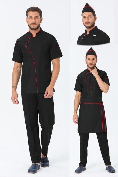 TIPTEKS Comfort Men's Black Cook Jacket, Trousers, Waist Apron and Cap - Red Ribbed Set of Four