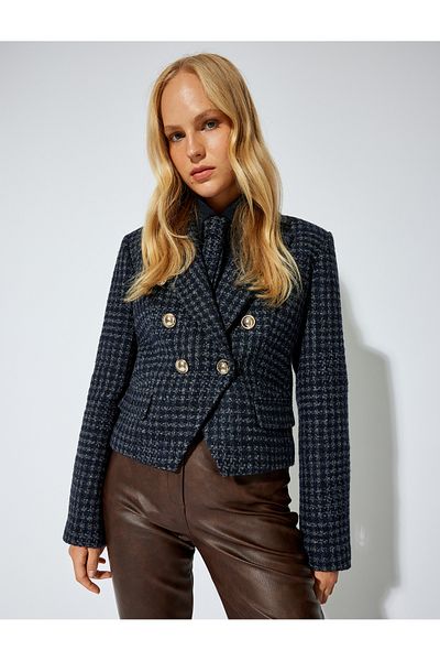 Koton Short Double Breasted Tweed Blazer Jacket Asymmetrical Buttoned with Pockets