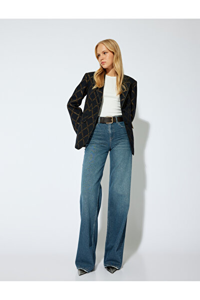 Koton Shiny Patterned Double Breasted Blazer Jacket - Buttoned Pocket