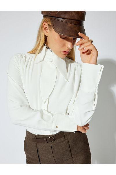 Koton Tie Detailed Stand Collar Shirt Long Sleeve Cuffed Draped