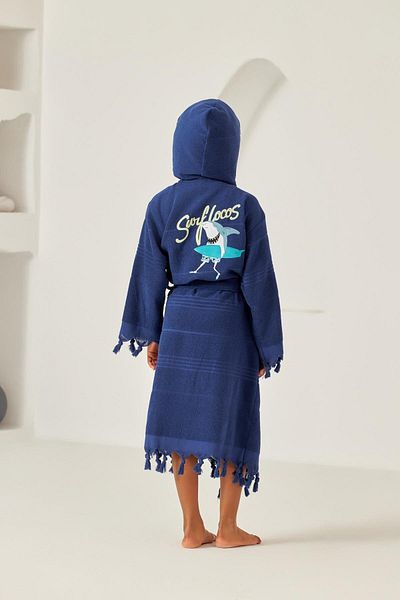 Katia&Bony Boy's Navy Blue Shark Printed Peshtemal Bathrobe