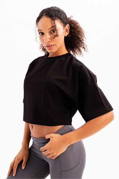 JUSTEVER 100% Cotton Crop Crew Neck Black Women's T-Shirt - Maia