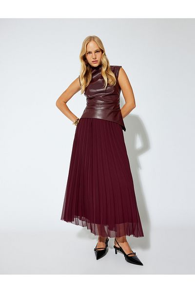 Koton Sleeveless Asymmetrical Cutout Faux Leather Blouse with Drape Detail