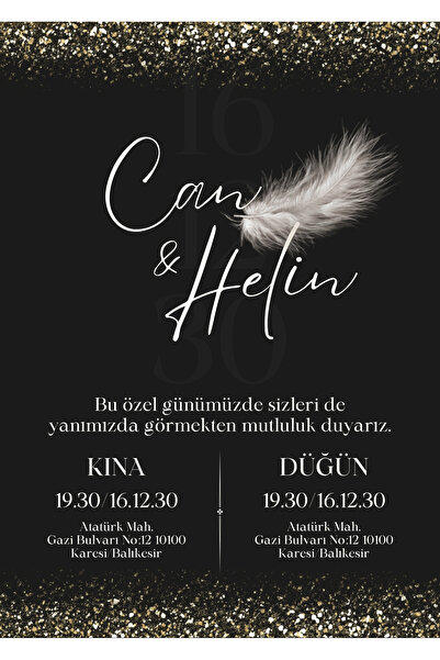 Ariella Siyah Şık Düğün Davetiyesi (BASKI DAHİLDİR)250 ADET