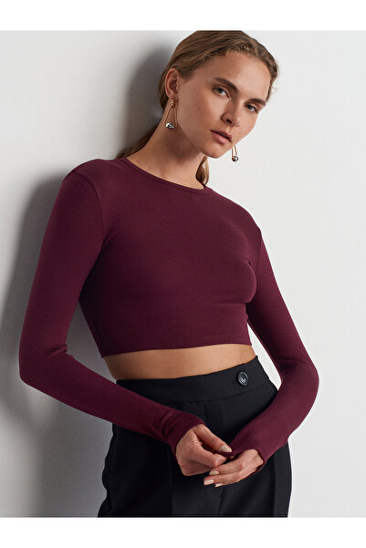 Dilvin 31236 Crop Top cu mânecă lungă-Roșu Claret