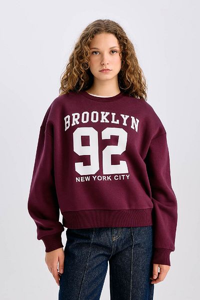 DeFacto Loose Fit Crew Neck Slogan Printed Thick Fabric Sweatshirt E3326Axns