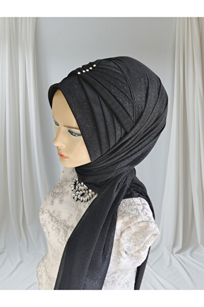 NurAy Siyah simli zirkon hazır türban hazır şal abiye şal