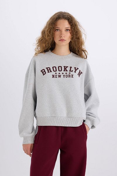 DeFacto Bedrucktes Sweatshirt aus dickem Stoff mit lockerer Passform und Rundhalsausschnitt E3387AXNS