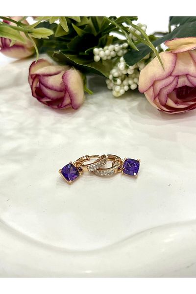 XUPING JEWELRY Square Figured Luxury Purple Zircon Stone Steel Earrings (18K Gold)