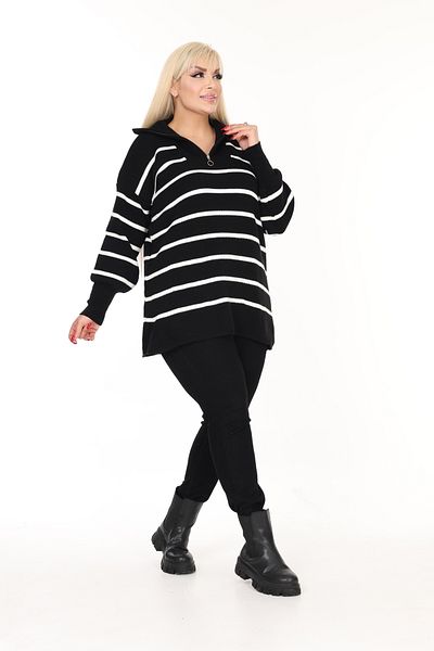 MJORA Zippered Polo Collar Striped Knitwear Sweater