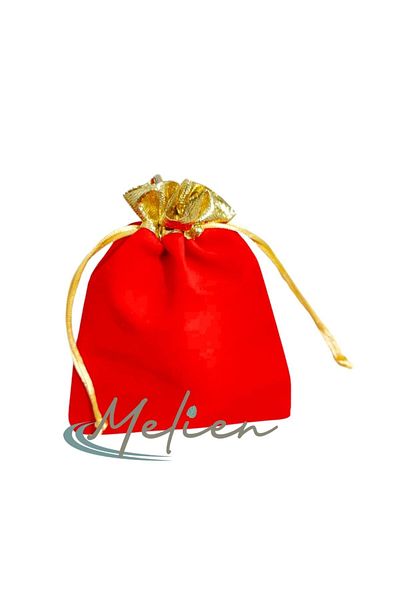 Melien 10 Pieces Red Gold Velvet - Henna Wedding Mevlüt Circumcision Cookie Gift Pouch Bag