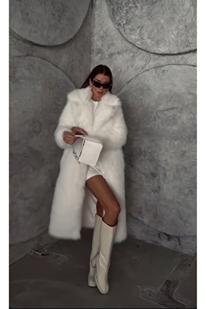 Kısmetin Butiği Kadın Beyaz Astarlı Uzun Kürk Kaban A Klass Kumaş Trend Fark ...