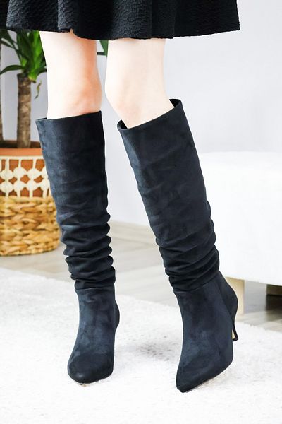 asmi shoes Дамски черни велурени ботуши с висок ток и връзки, стилни, ежедневни и удобни