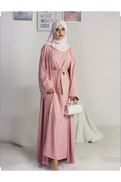 Yasee Kemerli Şık Düz Renk Kaftan Elbise Seti  Uzun Kollu Bol Kesim abaya set